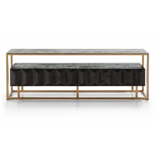 Meule TV En Bois Cérusé Marron Structure Métal Doré L180cm