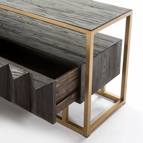 Meule TV En Bois Cérusé Marron Structure Métal Doré L180cm