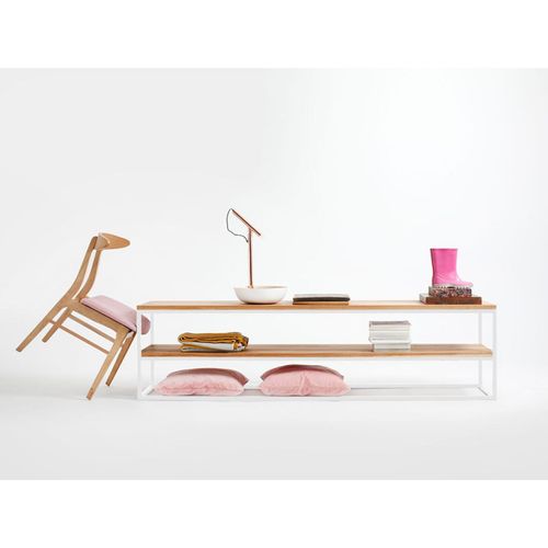 Console Banc 2 Plateaux Chêne Pied Métal Blanc L180cm H50cm