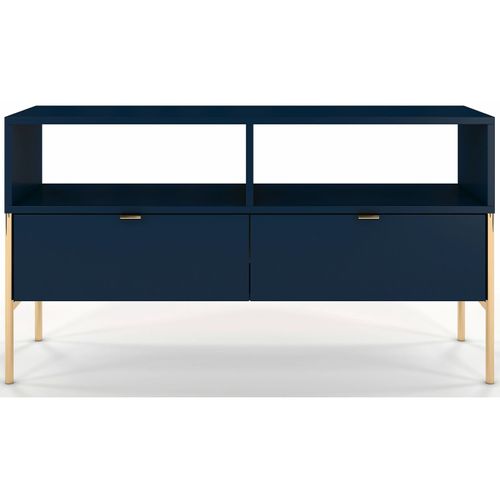 Meuble TV En Bois Massif Couleur Bleu Pied Doré L120cm