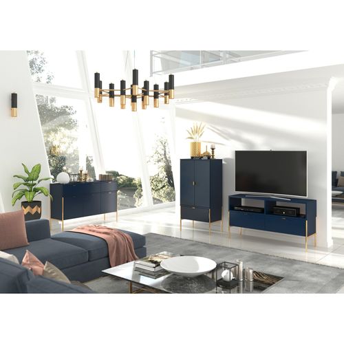 Meuble TV En Bois Massif Couleur Bleu Pied Doré L120cm