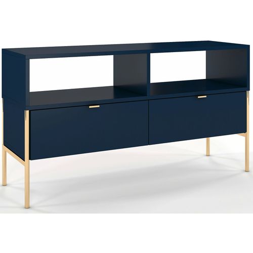 Meuble TV En Bois Massif Couleur Bleu Pied Doré L120cm