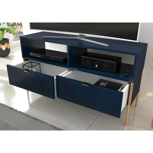 Meuble TV En Bois Massif Couleur Bleu Pied Doré L120cm