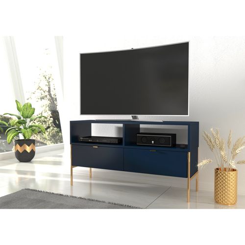 Meuble TV En Bois Massif Couleur Bleu Pied Doré L120cm