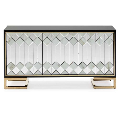 Buffet Verre Mdf Miroir Métal Noir Doré 150x45x80