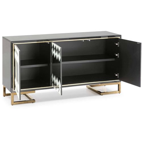 Buffet Verre Mdf Miroir Métal Noir Doré 150x45x80