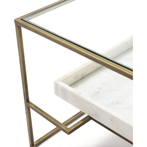 Table à Café Verre Marbre Métal Blanc Doré 111x76x45