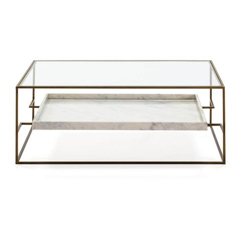 Table à Café Verre Marbre Métal Blanc Doré 111x76x45