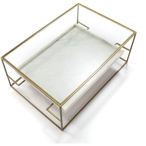 Table à Café Verre Marbre Métal Blanc Doré 111x76x45
