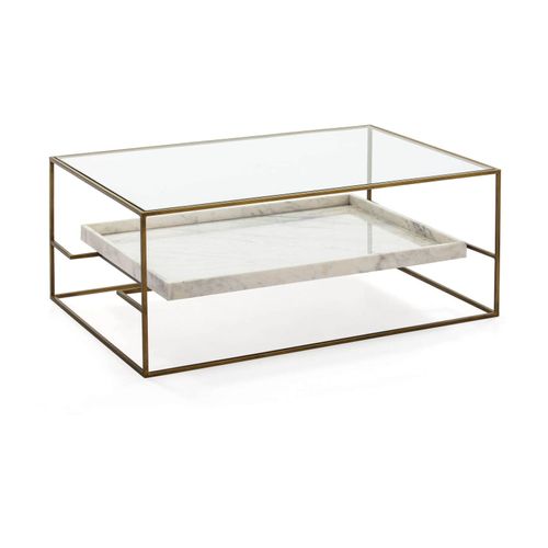 Table à Café Verre Marbre Métal Blanc Doré 111x76x45