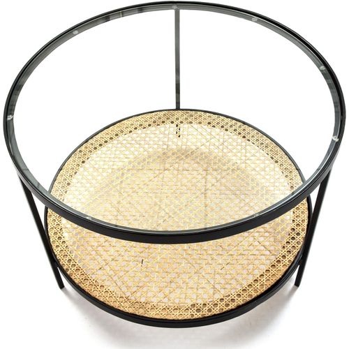 Table à Café Verre Rotin Métal Noir 66x66x45
