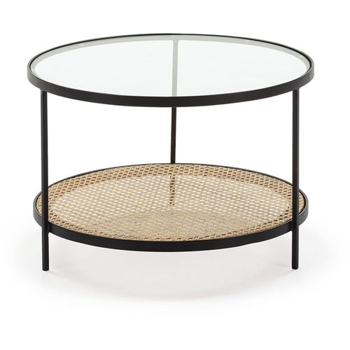 Table à Café Verre Rotin Métal Noir 66x66x45