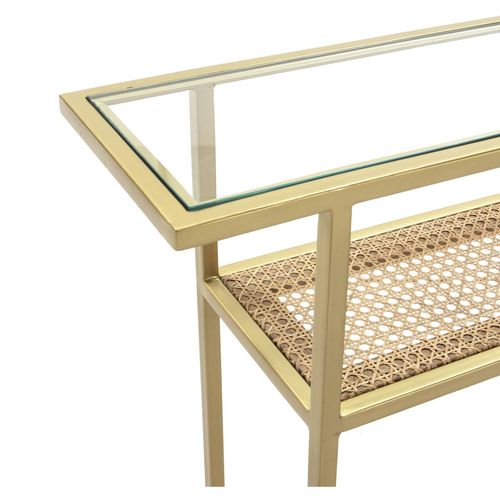 Console Verre Rotin Métal Doré 100x27x80