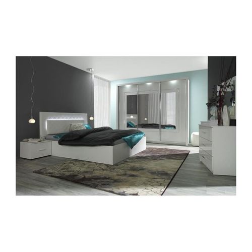 Ensemble Pour Chambre à Coucher Panarea. Lit Adulte Design Avec LED + Deux Chevets + Sommier