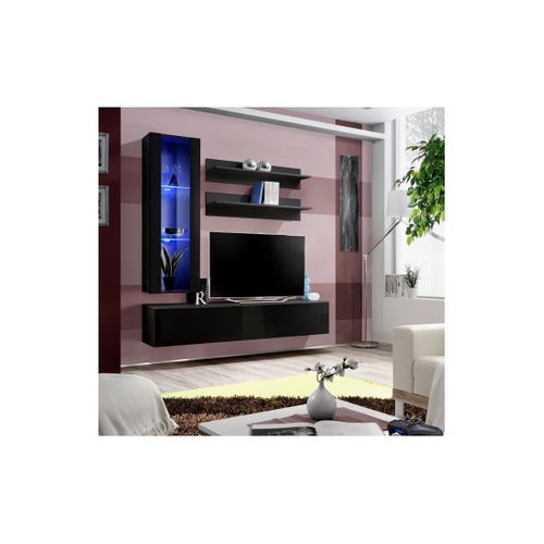 Meuble TV Fly H2 Design, Coloris Noir Brillant. Meuble Suspendu Moderne Et Tendance Pour Votre Salo