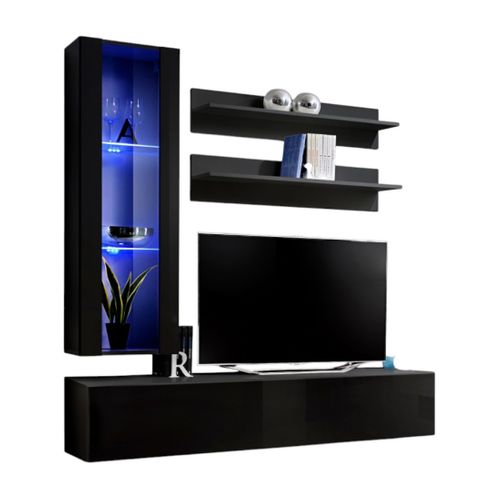 Meuble TV Fly H2 Design, Coloris Noir Brillant. Meuble Suspendu Moderne Et Tendance Pour Votre Salo