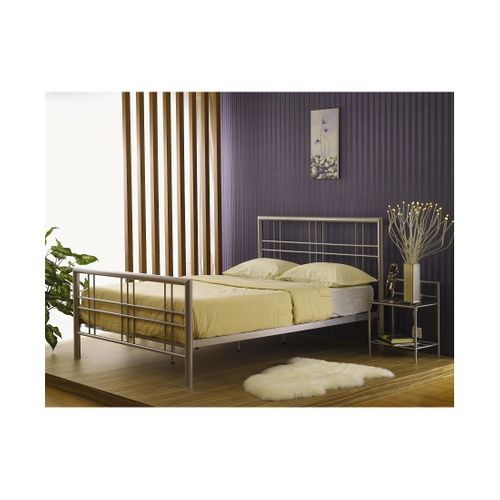 Lit Double 140x200 Cm – Métal Gris Argenté – Sommier Inclus – Design Moderne Et Robuste