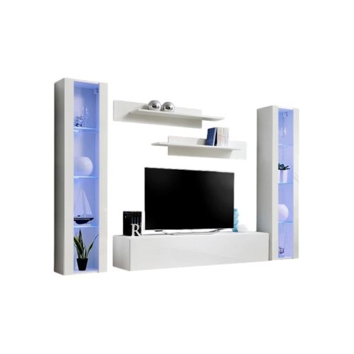 Meuble TV Fly A2 Design, Coloris Blanc Brillant + LED. Meuble Suspendu Moderne Et Tendance Pour Vot
