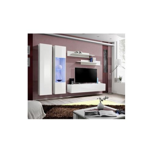 Meuble TV Fly A5 Design, Coloris Blanc Brillant + LED. Meuble Suspendu Moderne Et Tendance Pour Vot