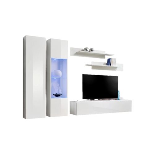 Meuble TV Fly A5 Design, Coloris Blanc Brillant + LED. Meuble Suspendu Moderne Et Tendance Pour Vot