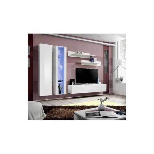 Meuble TV Fly A4 Design, Coloris Blanc Brillant + LED. Meuble Suspendu Moderne Et Tendance Pour Vot