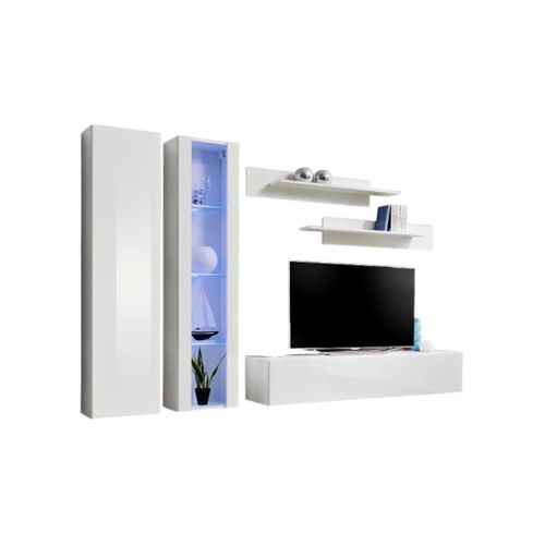 Meuble TV Fly A4 Design, Coloris Blanc Brillant + LED. Meuble Suspendu Moderne Et Tendance Pour Vot