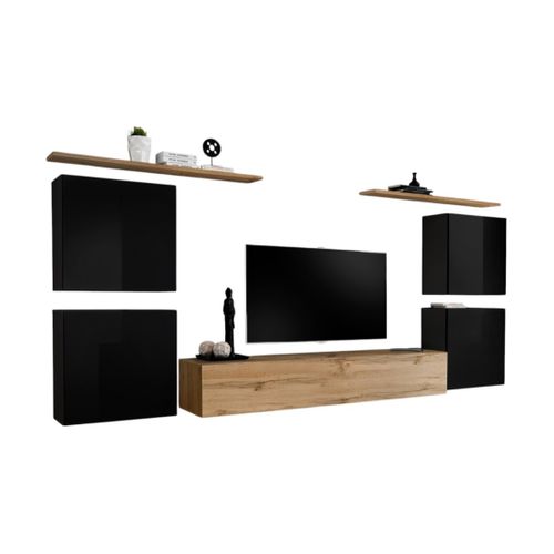 Ensemble Meuble Salon Switch Iv Design, Coloris Chêne Wotan Et Noir Brillant .