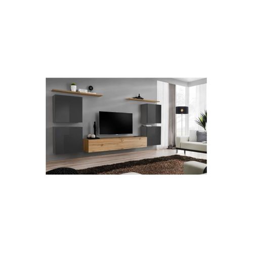 Ensemble Meuble Salon Switch Iv Design, Coloris Chêne Wotan Et Gris Brillant .