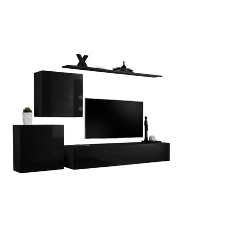 Ensemble Meuble Salon Mural Switch V Design, Coloris Noir Brillant.