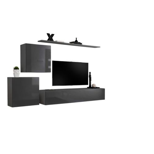 Ensemble Meuble Salon Mural Switch V Design, Coloris Gris Brillant.