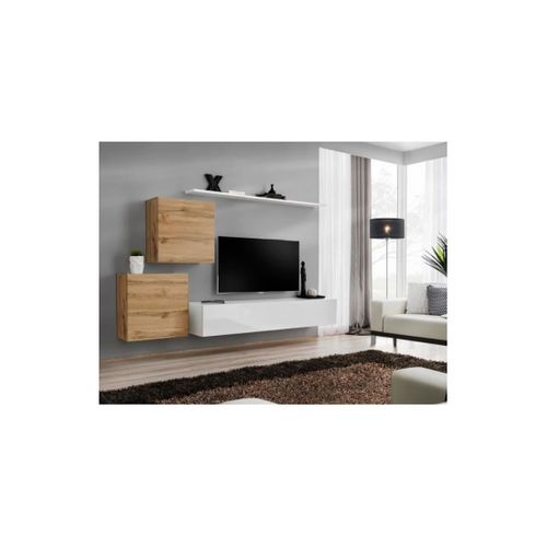 Ensemble Meuble Salon Switch V Design, Coloris Blanc Brillant Et Chêne Wotan.
