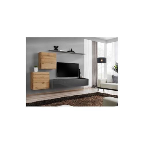 Ensemble Meuble Salon Switch V Design, Coloris Gris Brillant Et Chêne Wotan.