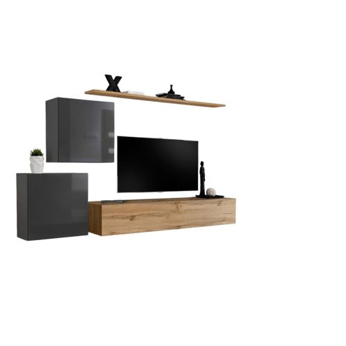 Ensemble Meuble Salon Switch V Design, Coloris Chêne Wotan Et Gris Brillant.