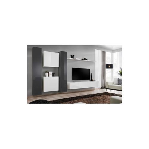 Ensemble Meuble Salon Mural Switch Vi Design, Coloris Blanc Et Gris Brillant.