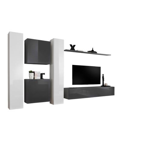 Ensemble Meuble Salon Mural Switch Vi Design, Coloris Blanc Et Gris Brillant.