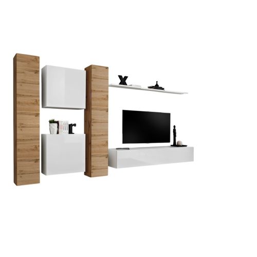 Ensemble Meuble Salon Mural Switch Vi Design, Coloris Blanc Brillant Et Chêne Wotan.