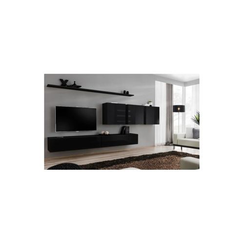 Ensemble Meuble Salon Mural Switch Vii Design, Coloris Noir Brillant.