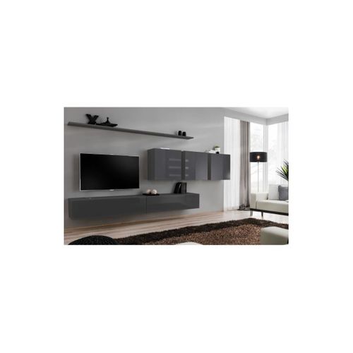 Ensemble Meuble Salon Mural Switch Vii Design, Coloris Gris Brillant.