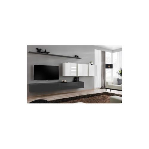 Ensemble Meuble Salon Switch Vii Design, Coloris Gris Et Blanc Brillant.