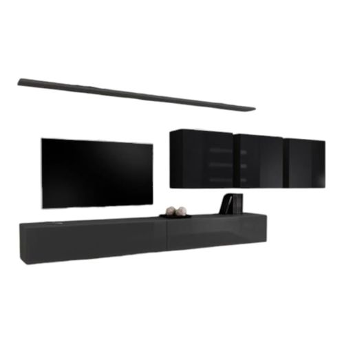 Ensemble Meuble Salon Switch Vii – Gris et Noir Brillant – Design Moderne – 340 Cm