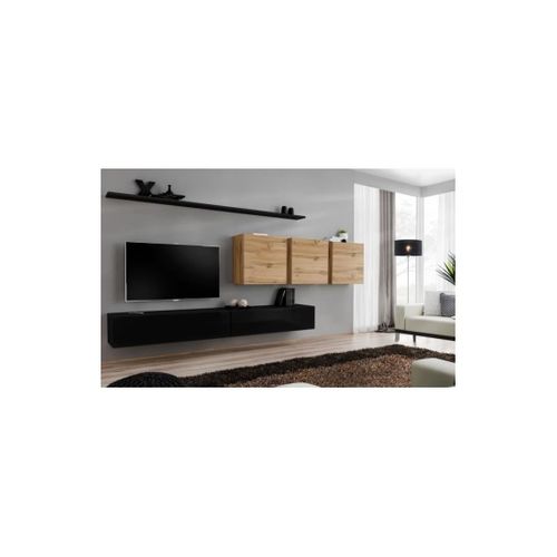 Ensemble Meuble Salon Switch Vii Design, Coloris Noir Brillant Et Chêne Wotan.
