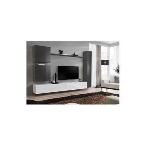 Ensemble De Meuble Pour Salon Mural Switch Viii. Meuble TV Mural Design, Coloris Blanc Et Gris