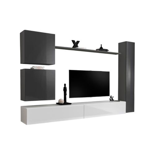 Ensemble De Meuble Pour Salon Mural Switch Viii. Meuble TV Mural Design, Coloris Blanc Et Gris