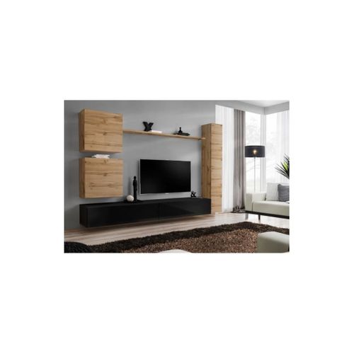 Ensemble Meuble Salon Mural Switch Viii.meuble TV Mural Design, Coloris Noir Brillant Et Chêne Wota