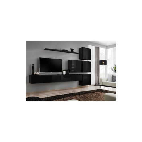 Ensemble Meuble Salon Mural Switch Ix Design, Coloris Noir Brillant.