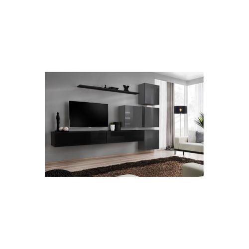 Ensemble Meuble Salon Mural Switch Ix Design, Coloris Noir Et Gris Brillant.