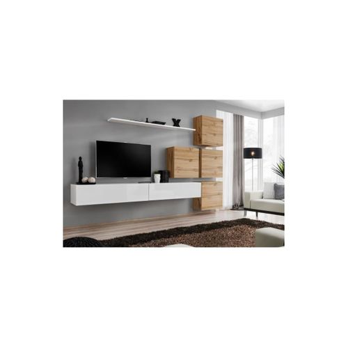 Ensemble Meuble Salon Mural Switch Ix Design, Coloris Blanc Brillant Et Chêne Wotan.