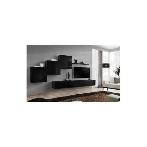 Ensemble Meuble Salon Mural Switch X Design, Coloris Noir Brillant.