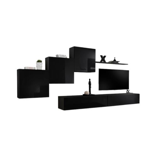 Ensemble Meuble Salon Mural Switch X Design, Coloris Noir Brillant.