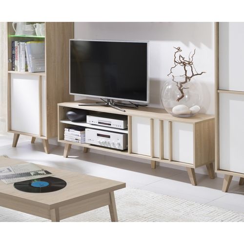 Meuble TV Malmo 150 Cm Coloris Chêne Clair Et Blanc